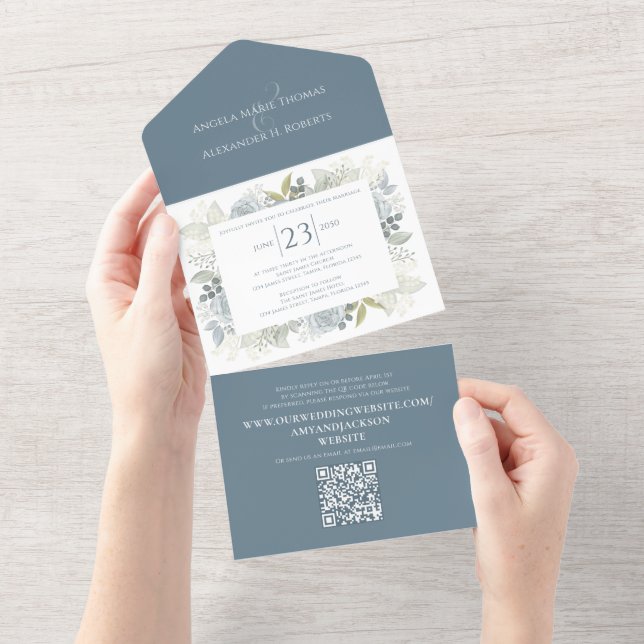 Elegant Floral Dusty Blue Classic Greenery QR Code All In One Invitation (Tearaway)