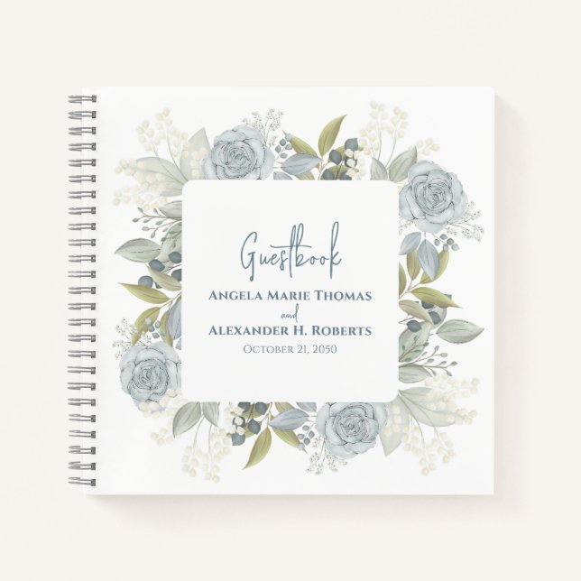 Elegant Floral Dusty Blue Classic Rose Greenery Notebook (Front)