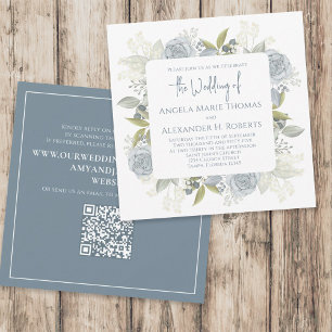 Elegant Floral Dusty Blue Classic Rose QR Code Invitation