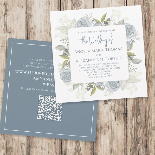 Elegant Floral Dusty Blue Classic Rose QR Code  Invitation (Creator Uploaded)