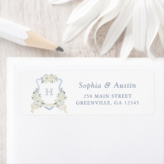 Elegant Floral Dusty Blue Crest Return Address (Insitu)