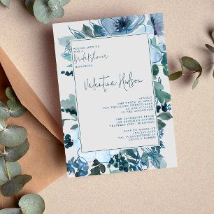 Elegant Floral Dusty Blue Flowers Bridal Shower Invitation