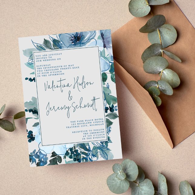 Elegant Floral Dusty Blue Flowers Wedding Invitation (Creator Uploaded)