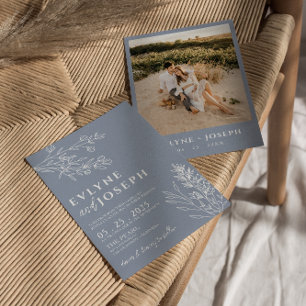 Elegant Floral Dusty Blue Herbal Boho Wedding Invitation