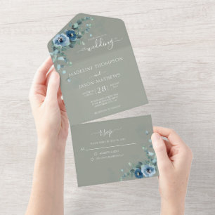 Elegant Floral Dusty Blue Plain Sage Green Wedding All In One Invitation