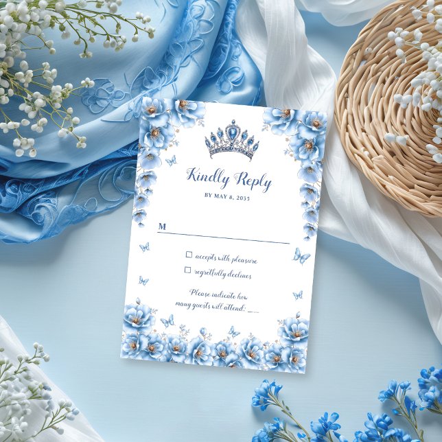 Elegant Floral Dusty Blue Princess Quinceañera RSVP Card (Creator Uploaded)