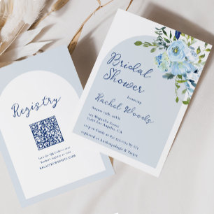 Elegant Floral Dusty Blue Qr Code Bridal Shower Invitation