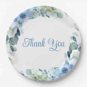 Elegant Floral Dusty Blue Watercolor Rose Wedding  Paper Plate