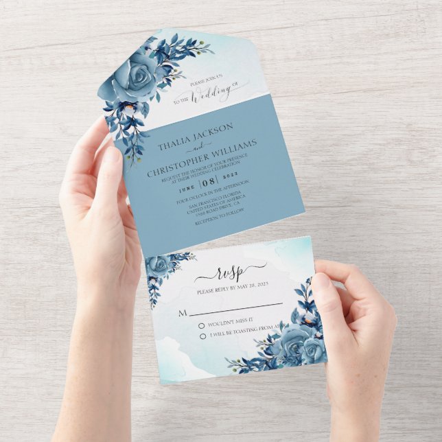 Elegant Floral Dusty Blue Wedding All In One Invitation (Tearaway)