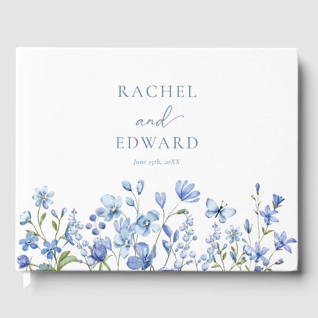 Elegant Floral Dusty Blue Wedding Guest Book (Front)
