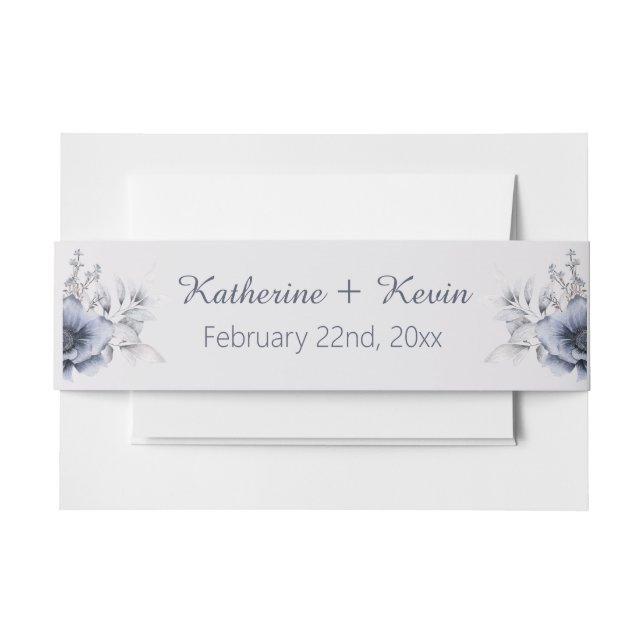 Elegant Floral Dusty Blue Wedding Invitation Belly Band (Front Example)