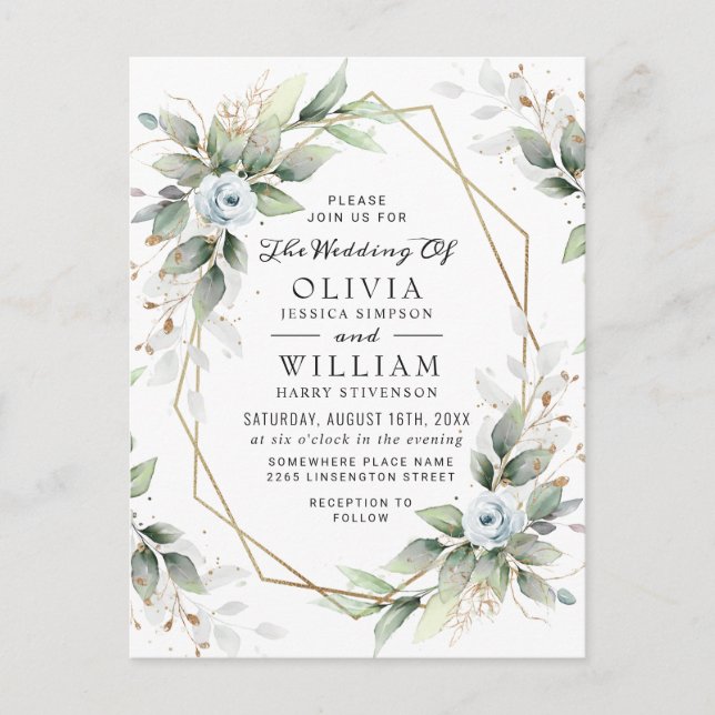 Elegant Floral Dusty Blue Wedding Invitation Card (Front)