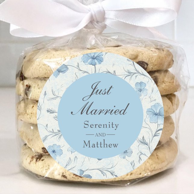 Elegant Floral Dusty Blue Wedding Just Married Classic Round Sticker (Creator Uploaded)