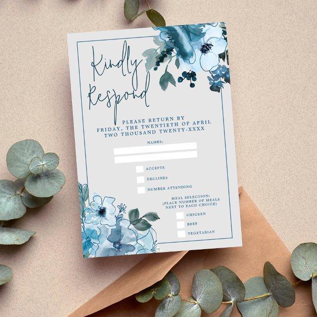 Elegant Floral Dusty Blue Wedding RSVP Card (Creator Uploaded)