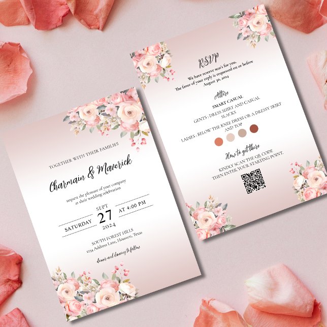 Elegant Floral Dusty Pink Wedding all in One  Invitation (Creator Uploaded)