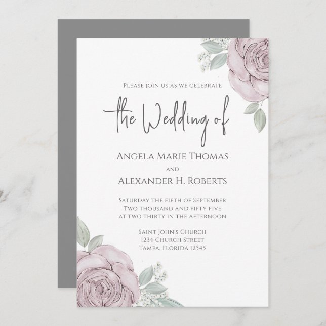Elegant Floral Dusty Rose Watercolor Flowers  Invitation (Front/Back)