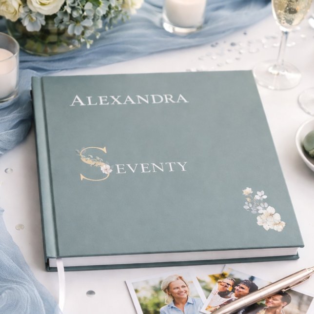 Elegant Floral Dusty Sage 70th Birthday Silver Guest Book (Creator Uploaded)