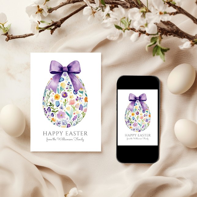Elegant Floral Easter Egg with Bow Personalised Card (Personalize Family Name and message inside card.  Digital download also available)