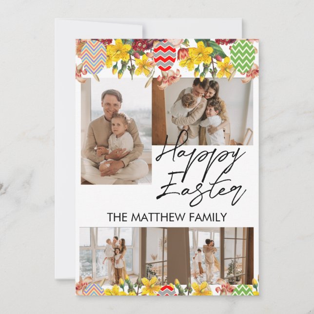 elegant floral Easter, family four photo collage Holiday Card (Front)