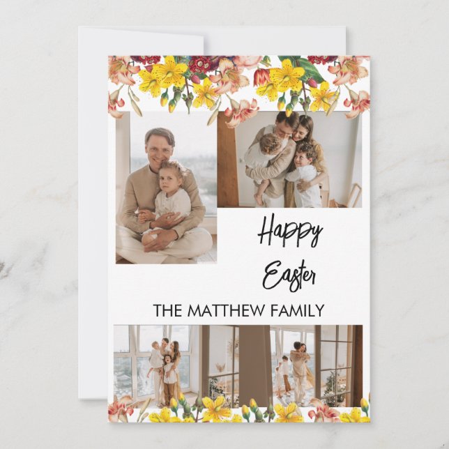 elegant floral Easter, family four photo collage Holiday Card (Front)