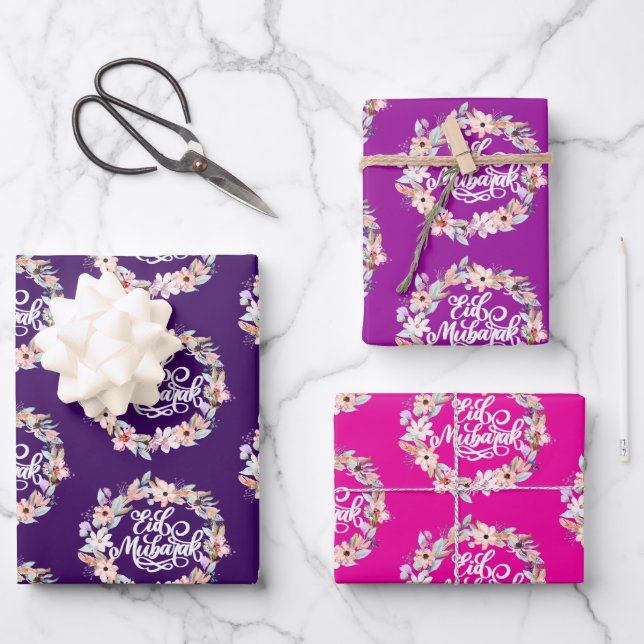  Elegant Floral Eid Mubarak Gift  Wrapping Paper Sheet (Front)
