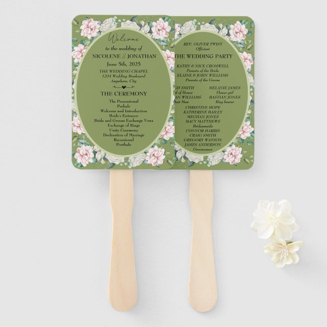Elegant Floral Embrace Wedding Program Hand Fan (Front and Back)
