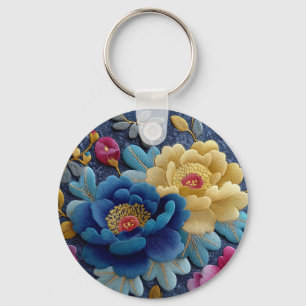 Elegant Floral Embroidered Look Vintage Peony Key Ring