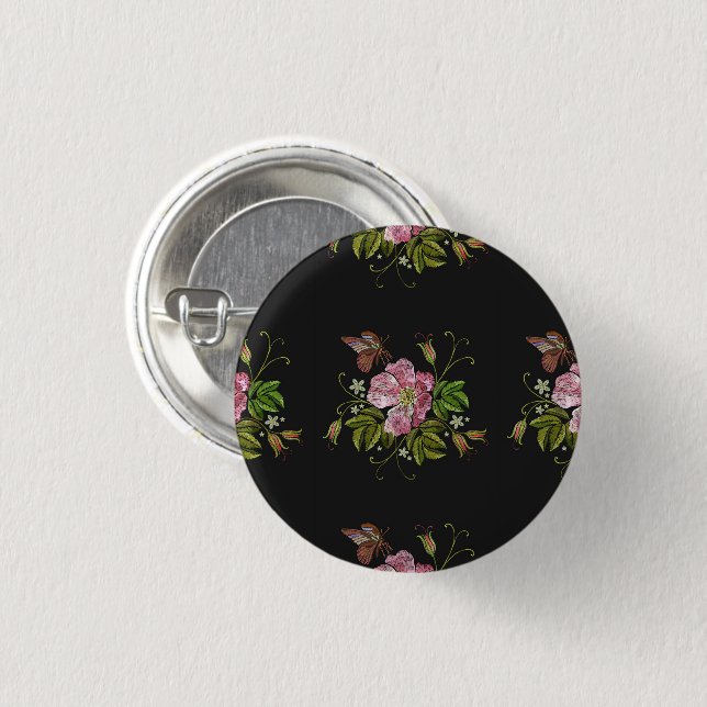Elegant Floral Embroidery Pattern Black Background 3 Cm Round Badge (Front & Back)