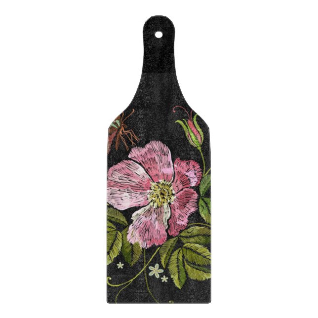 Elegant Floral Embroidery Pattern Black Background Cutting Board (Front)