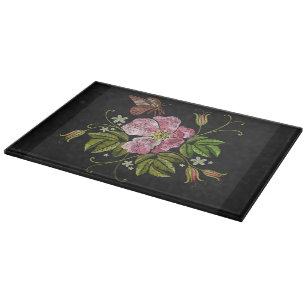 Elegant Floral Embroidery Pattern Black Background Cutting Board