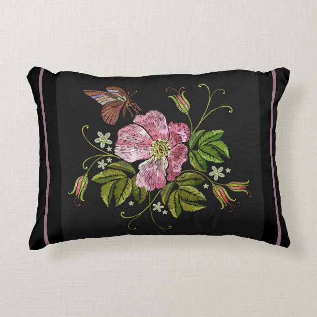Elegant Floral Embroidery Pattern Black Background Decorative Cushion (Front)