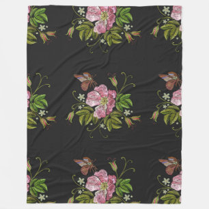 Elegant Floral Embroidery Pattern Black Background Fleece Blanket