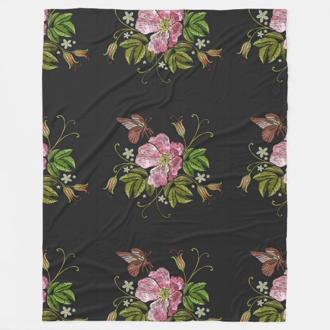 Elegant Floral Embroidery Pattern Black Background Fleece Blanket (Front)
