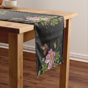 Elegant Floral Embroidery Pattern Black Background Long Table Runner