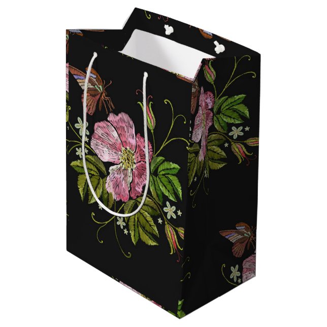 Elegant Floral Embroidery Pattern Black Background Medium Gift Bag (Back Angled)