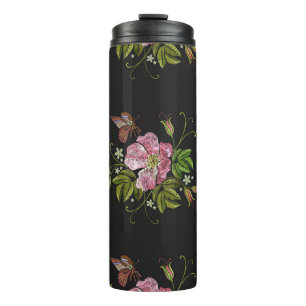 Elegant Floral Embroidery Pattern Black Background Thermal Tumbler