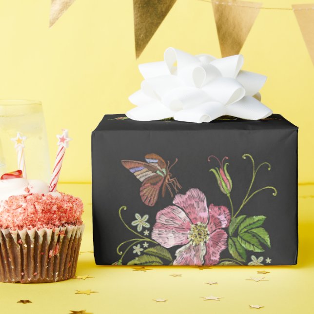 Elegant Floral Embroidery Pattern Black Background Wrapping Paper (Birthday Party)