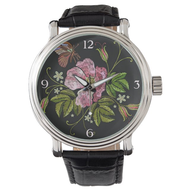 Elegant Floral Embroidery Pattern on Black Backgro Watch (Front)