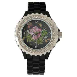 Elegant Floral Embroidery Pattern on Black Backgro Watch