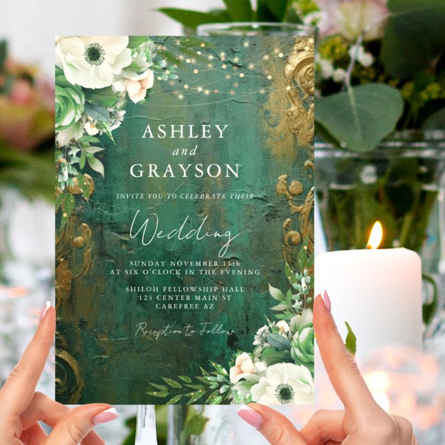 Elegant Floral Emerald Green and Gold Wedding Invitation (Creator Uploaded)