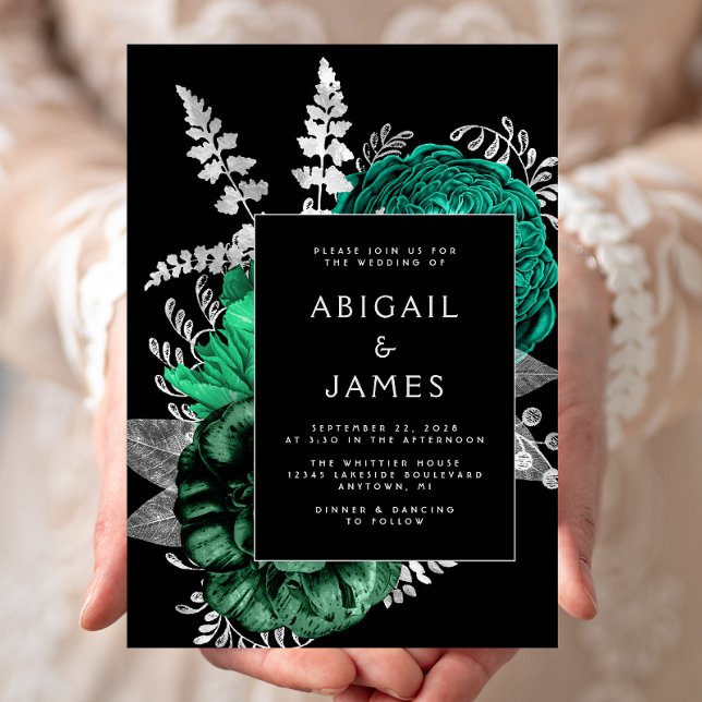 Elegant Floral Emerald Green Black Silver Wedding Invitation (Creator Uploaded)