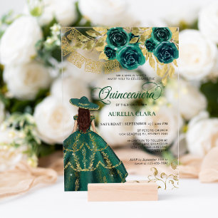 Elegant Floral Emerald Green Charra Quinceañera Acrylic Invitations