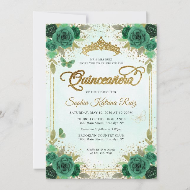 Elegant Floral Emerald Green Glam Gold Quinceañera Invitation (Front)