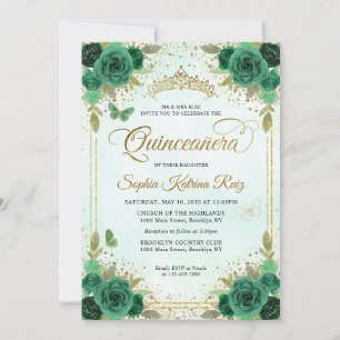 Elegant Floral Emerald Green Glam Gold Quinceañera Invitation