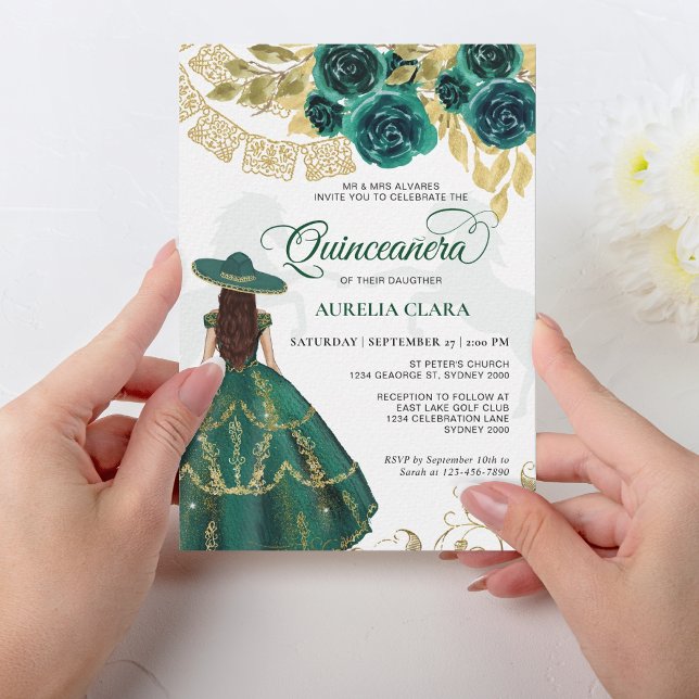 Elegant Floral Emerald Green Horse Quinceañera Invitation (Creator Uploaded)