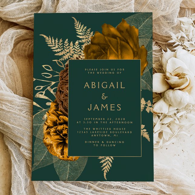 Elegant Floral Emerald Green Rust Gold Wedding Invitation (Creator Uploaded)