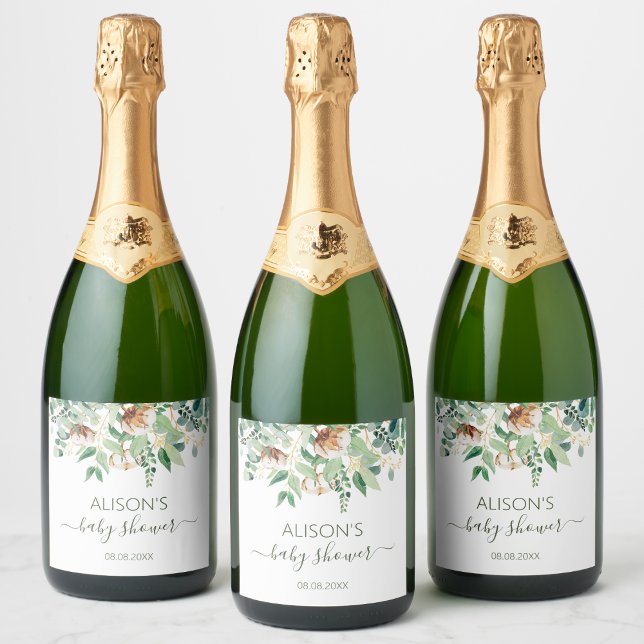 Elegant Floral Eucalyptus Greenery Baby Shower  Sparkling Wine Label (Creator Uploaded)
