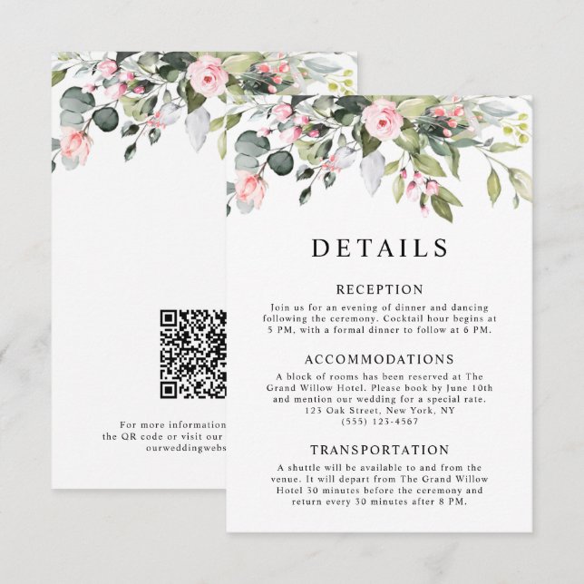  Elegant Floral Eucalyptus Leaves QR Code Wedding Enclosure Card (Front/Back)