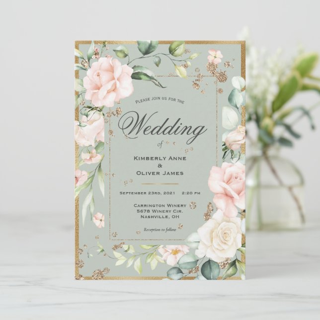 Elegant Floral Eucalyptus Watercolor Pink Wedding Invitation (Standing Front)