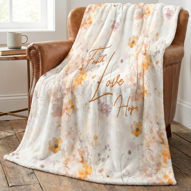 Elegant Floral Faith Hope Love Watercolor Fleece Blanket (Creator Uploaded)